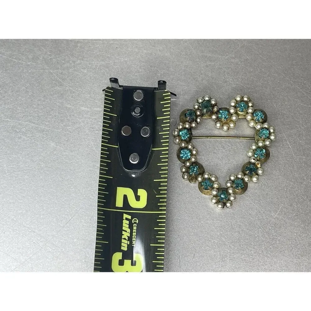 Vintage Pronged Green Blue Heart Rhinestone Pearl Goldtone Brooch Pin